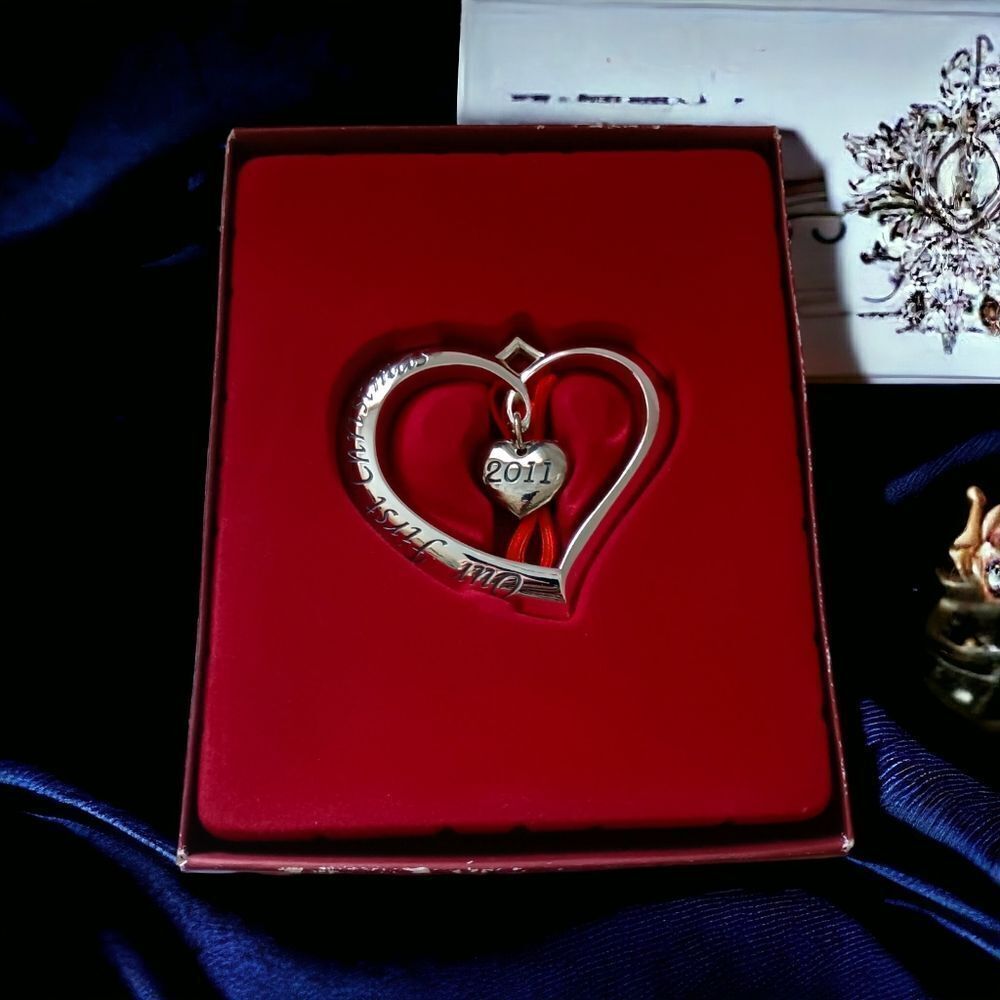 LENOX Forevermore Ornament Our First Christmas 2011 Annual Silver Plate Heart.